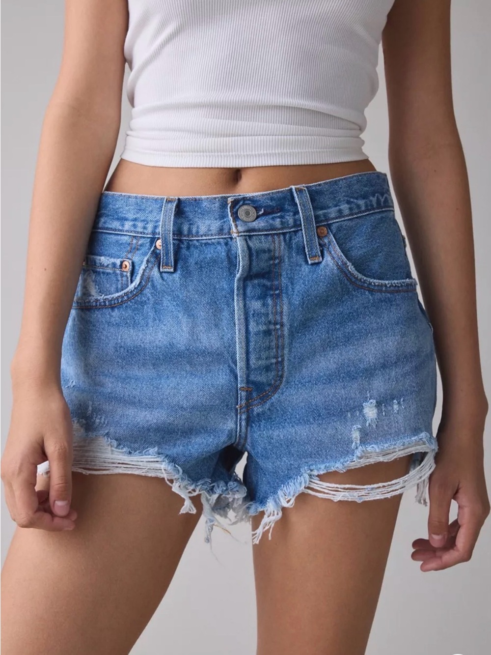 Levi 501 High-Rise Distressed Denim Shorts - Blue